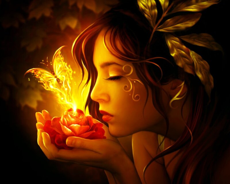 Woman Holding Glowing Rose — Red