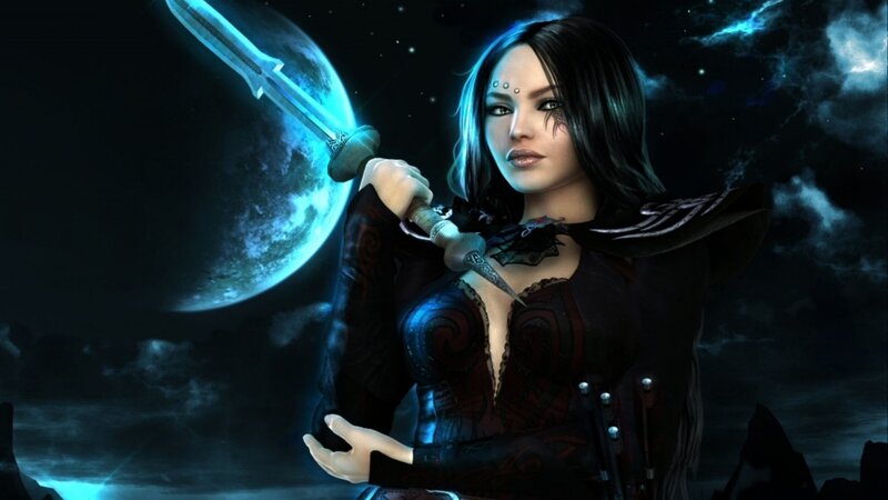 Woman Holding Glowing Sword — Black, Dramatic, Night, Digital Art