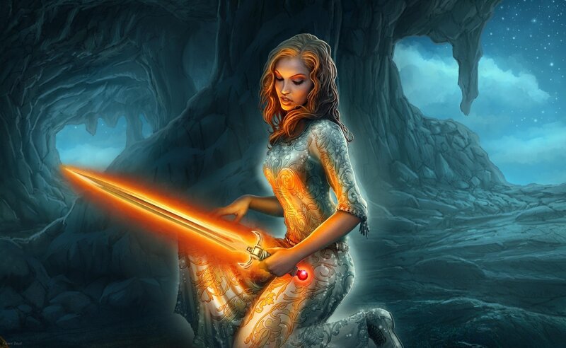 Woman Holding Glowing Sword — Blue, Dramatic, Night, Digital Art, Cave