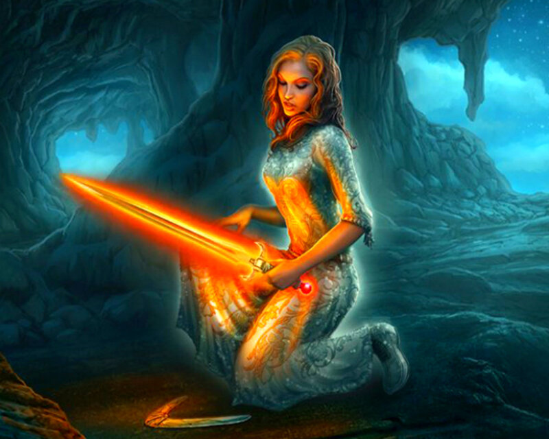 Woman Holding Glowing Sword — Blue, Dramatic, Night, Digital Art
