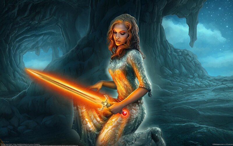 Woman Holding Glowing Sword — Blue, Dramatic, Night