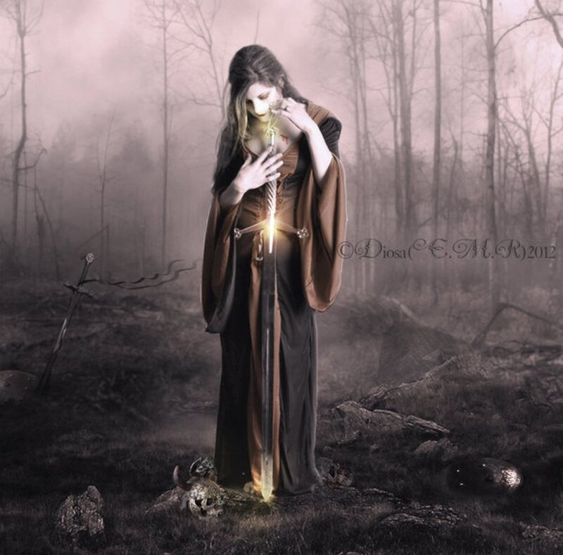 Woman Holding Glowing Sword — Brown