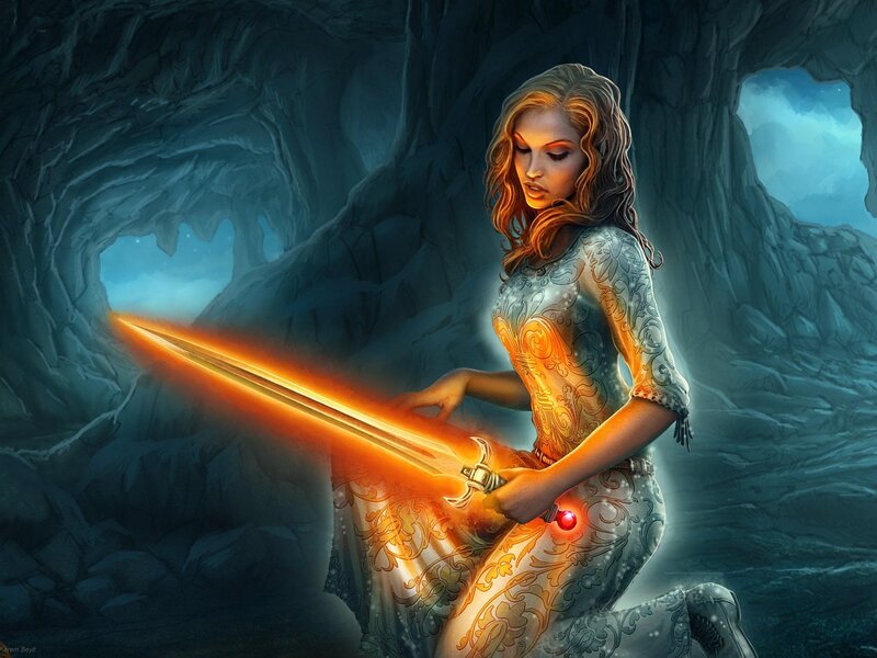 Woman Holding Glowing Sword — Orange