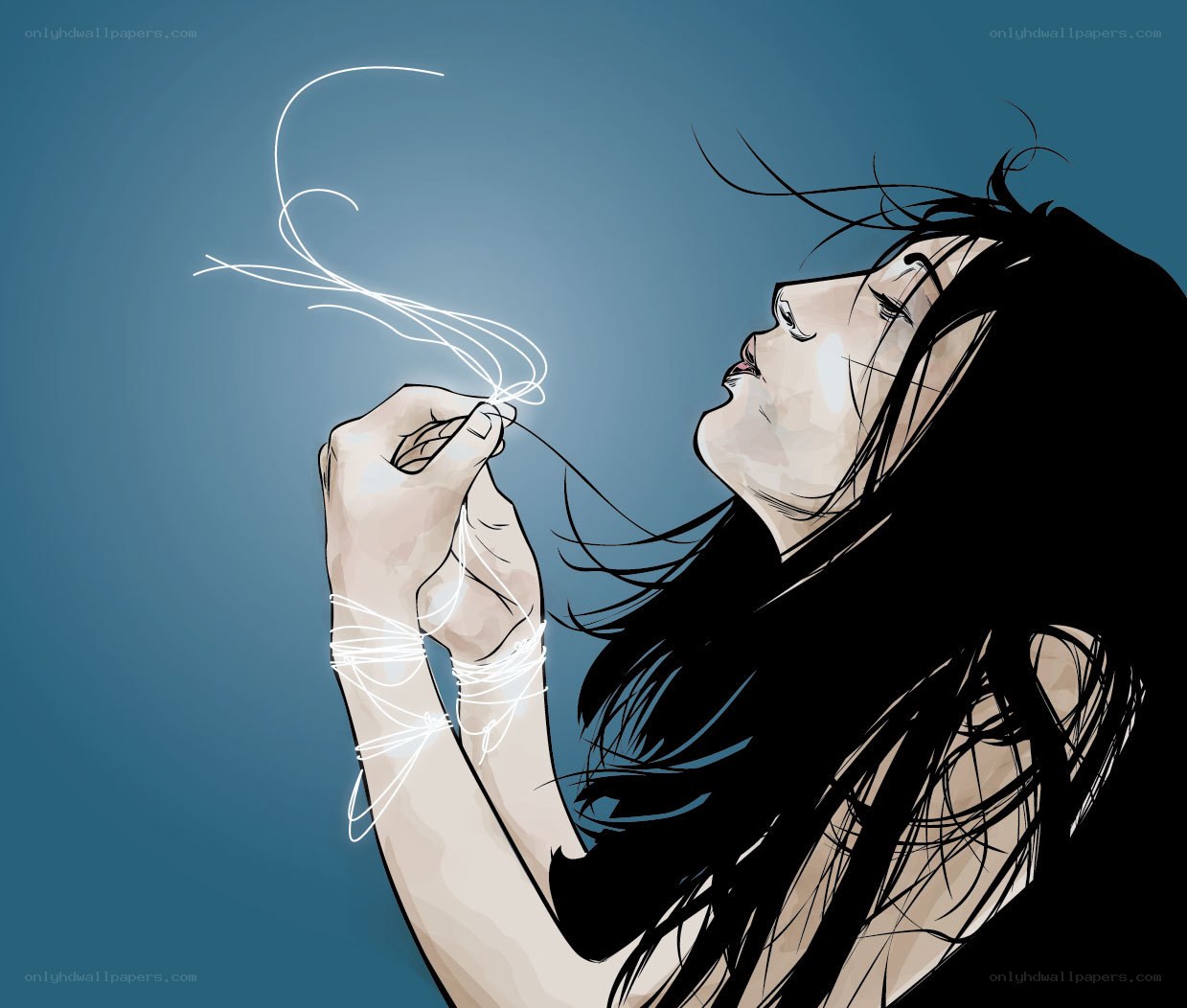 woman holding glowing thread