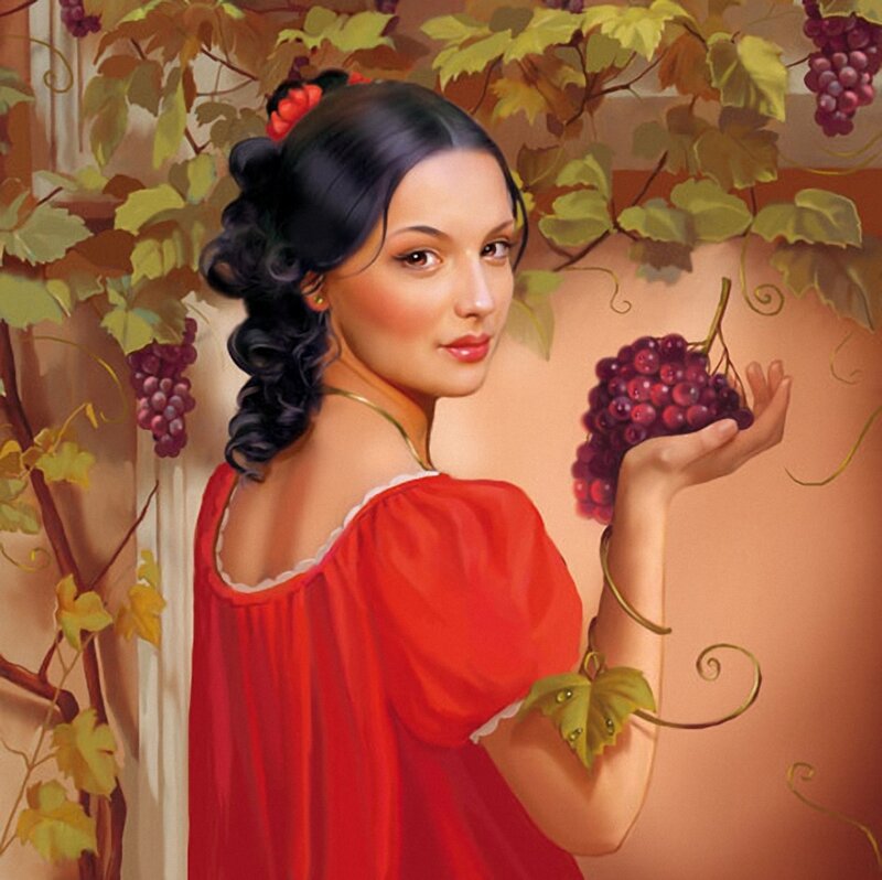 Woman Holding Grapes — Red, Serene
