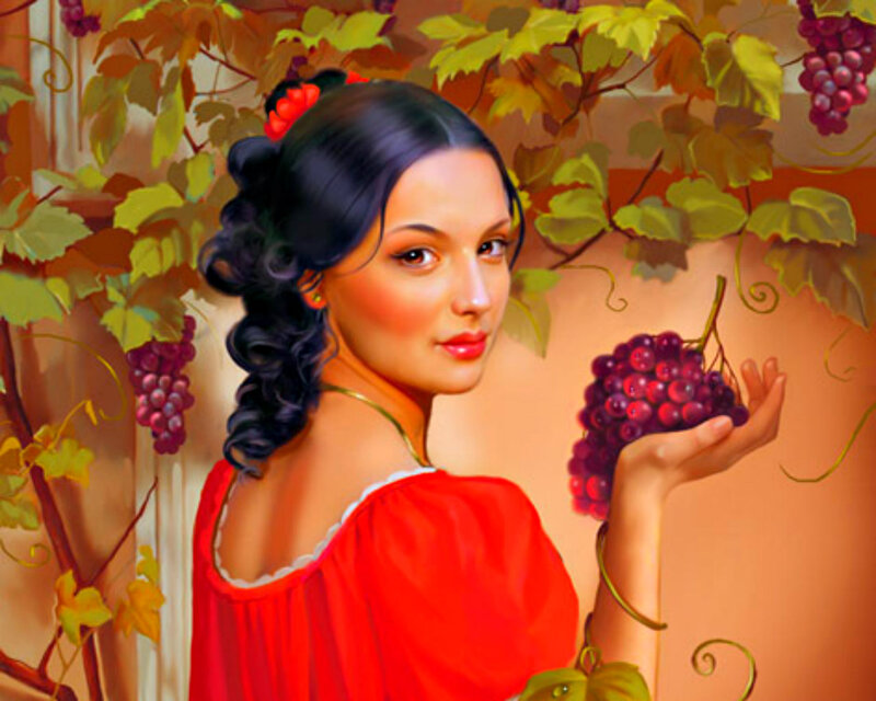 Woman Holding Grapes — Red