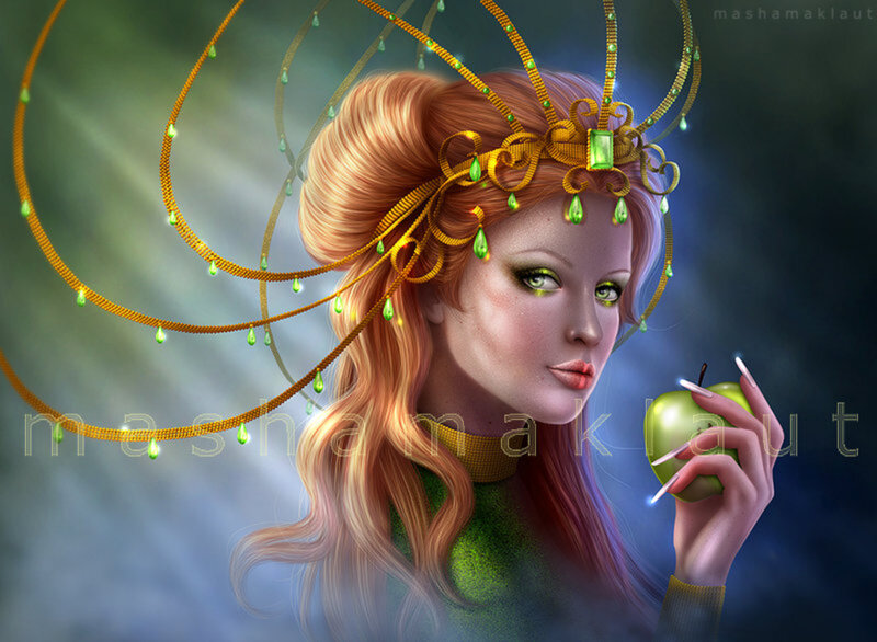 Woman Holding Green Apple — Dramatic, Night