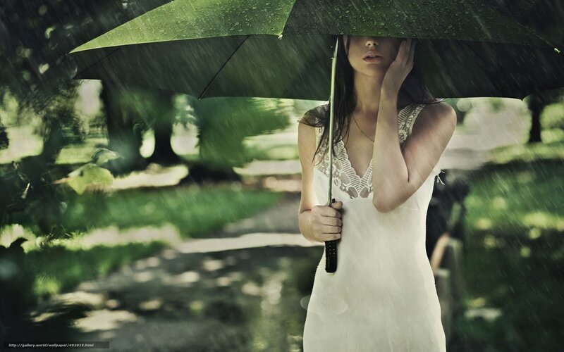 Woman Holding Green Umbrella — Dramatic, Afternoon