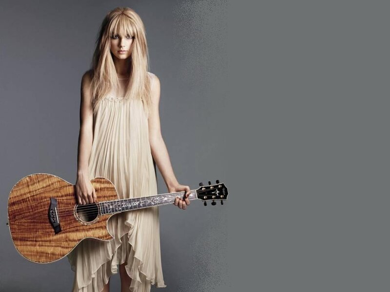 Woman Holding Guitar — Beige
