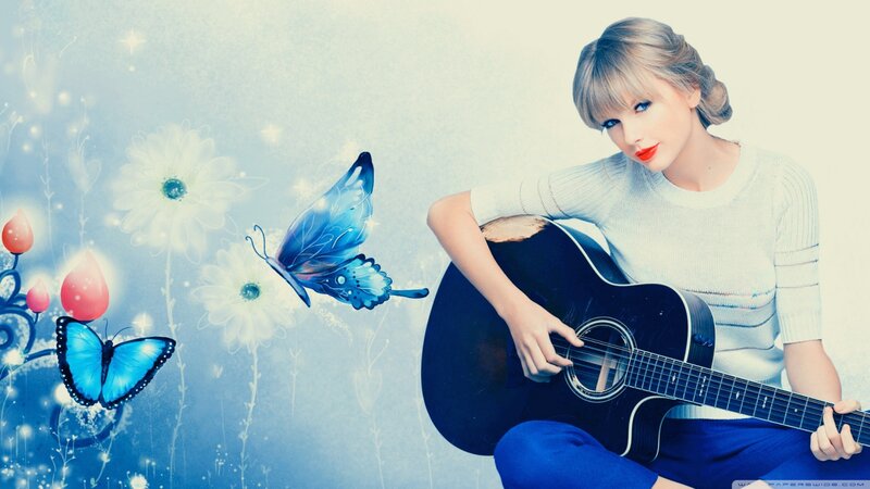 Woman Holding Guitar — Blue, Dreamy
