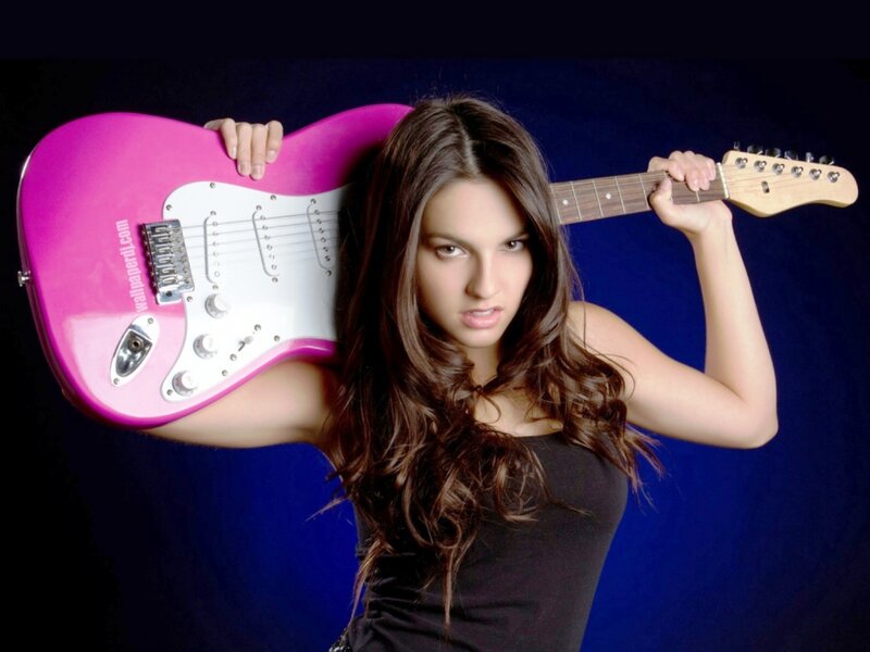 Woman Holding Guitar — Pink, Dramatic