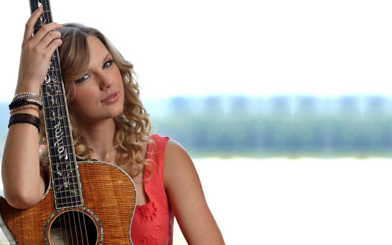 Woman Holding Guitar — Red, Calm, Photograph, Bracelets