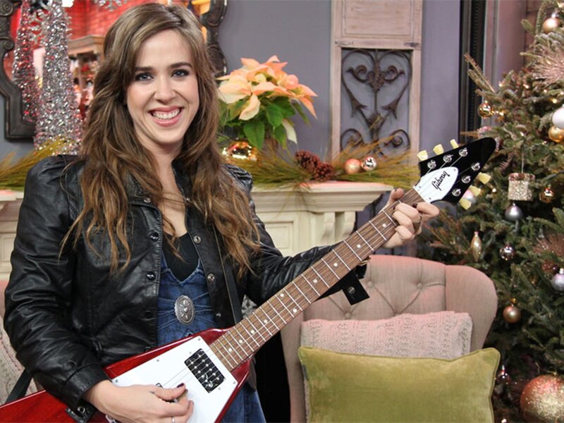 Woman Holding Guitar — Red, Festive