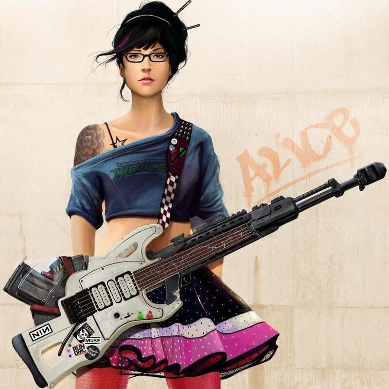 Woman Holding Guitar Rifle