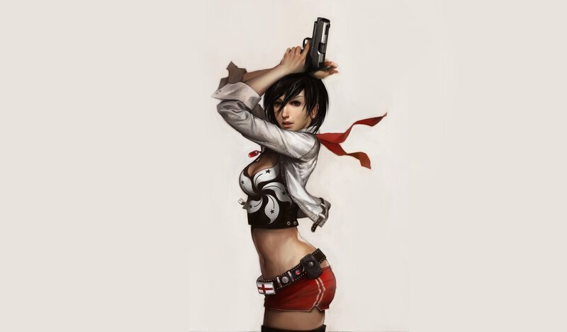 woman holding gun above head