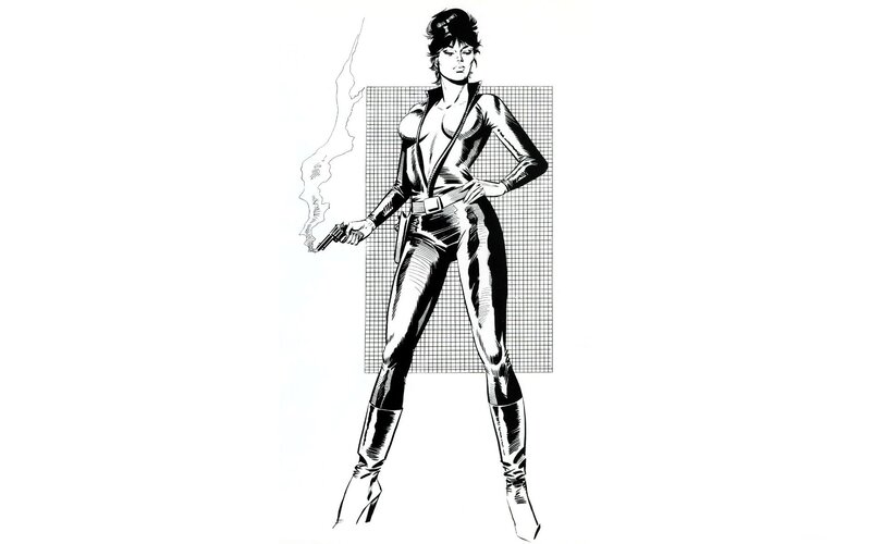 Woman Holding Gun — Black, Dramatic, Comic, Smoke, Grid