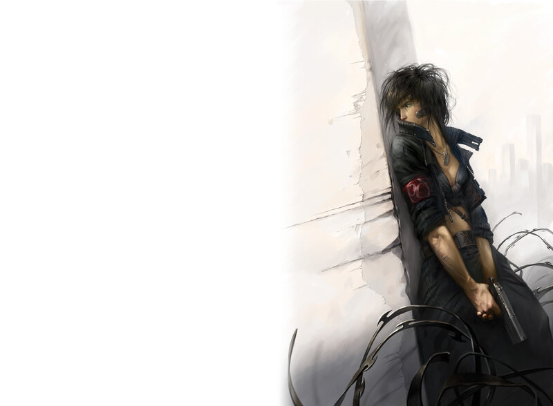 Woman Holding Gun — Black, Dramatic, Digital Art, Cityscape