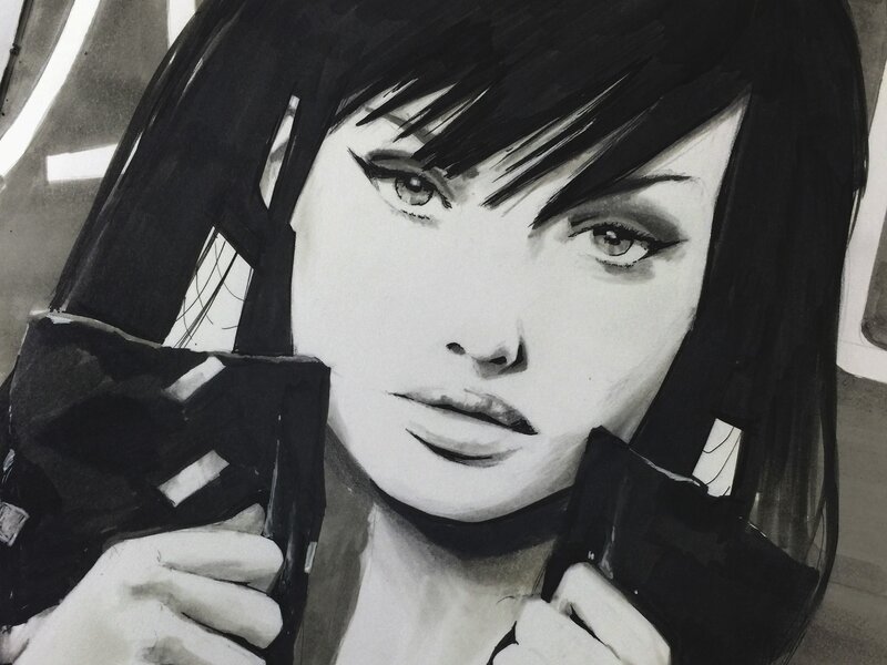 Woman Holding Gun — Black, Dramatic, Manga