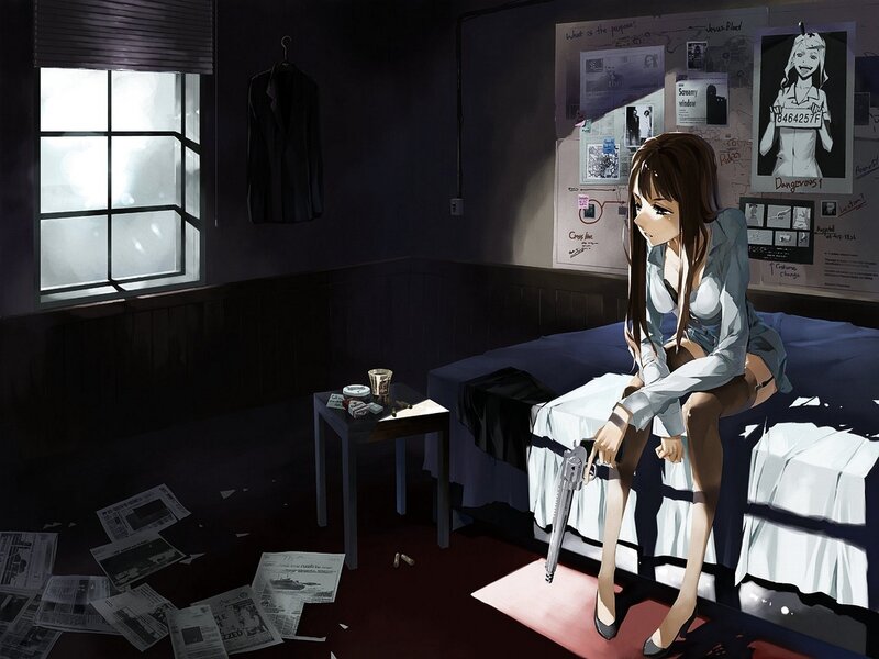 Woman Holding Gun — Black, Dramatic, Night, Anime