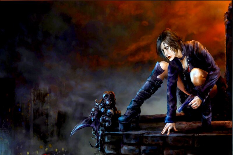 Woman Holding Gun — Black, Dramatic, Night, Digital Art, Statue