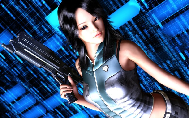 Woman Holding Gun — Blue, Dramatic, 3d Render