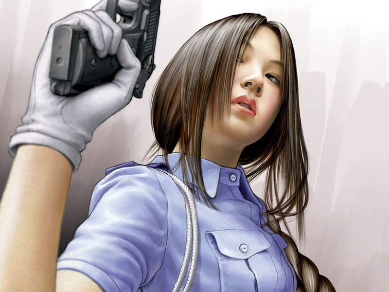 Woman Holding Gun — Blue, Dramatic, Digital Art, Gloves