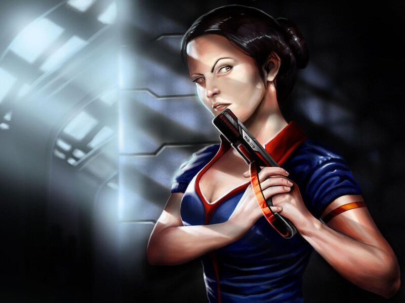 Woman Holding Gun — Blue, Dramatic, Digital Art, Sci-fi Corridor