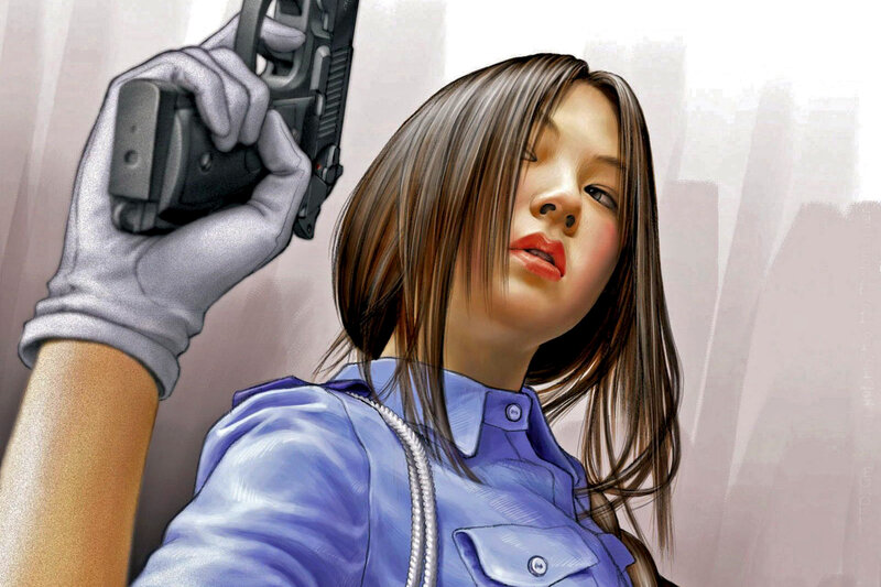 Woman Holding Gun — Blue, Dramatic, Manga