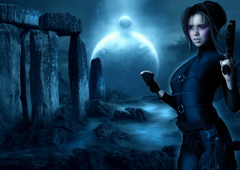 Woman Holding Gun — Blue, Dramatic, Night, Digital Art, Stone Circle