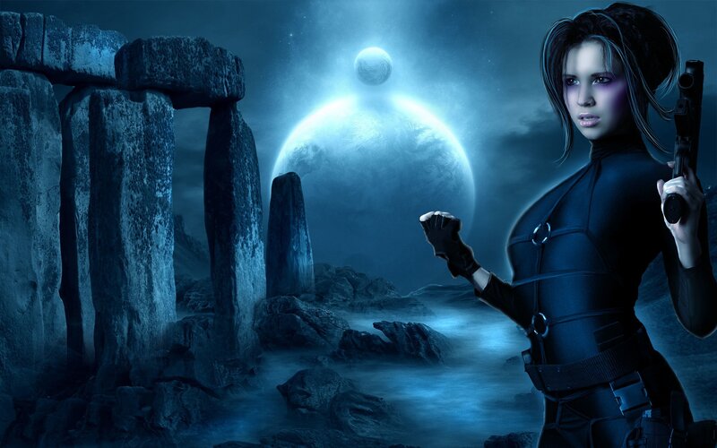 Woman Holding Gun — Blue, Dramatic, Night, Digital Art