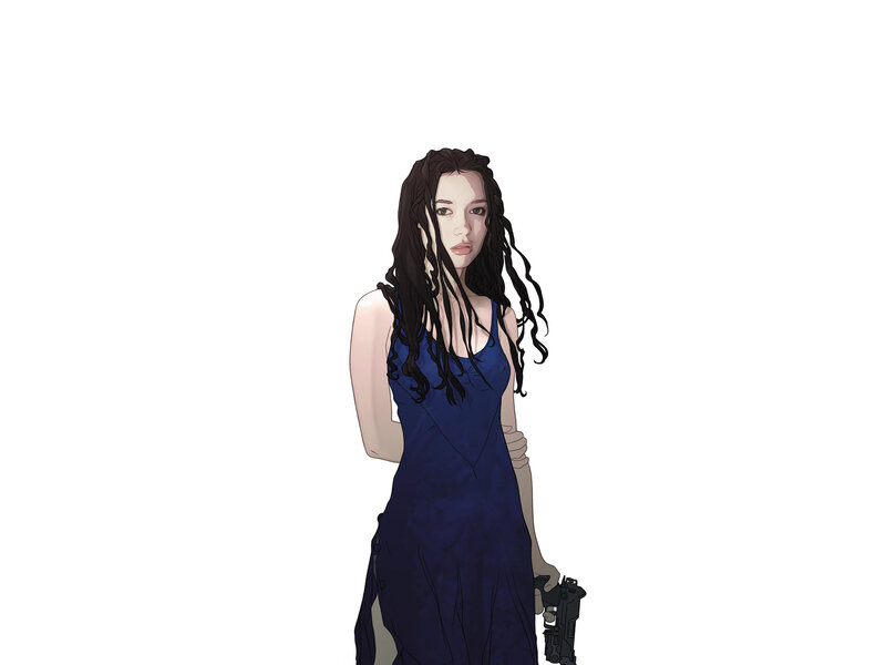 Woman Holding Gun — Blue, Serious