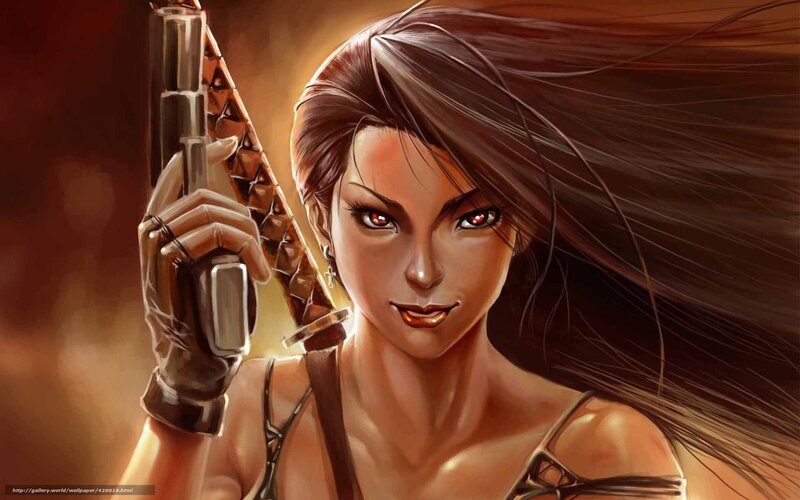 Woman Holding Gun — Brown, Dramatic, Digital Art, Long Hair
