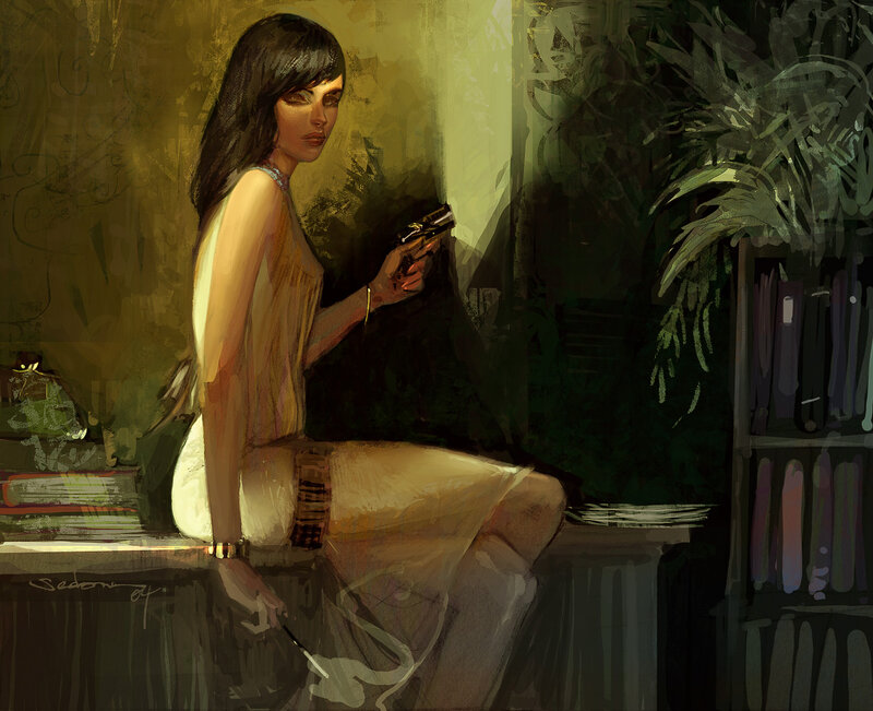 Woman Holding Gun — Green, Dramatic