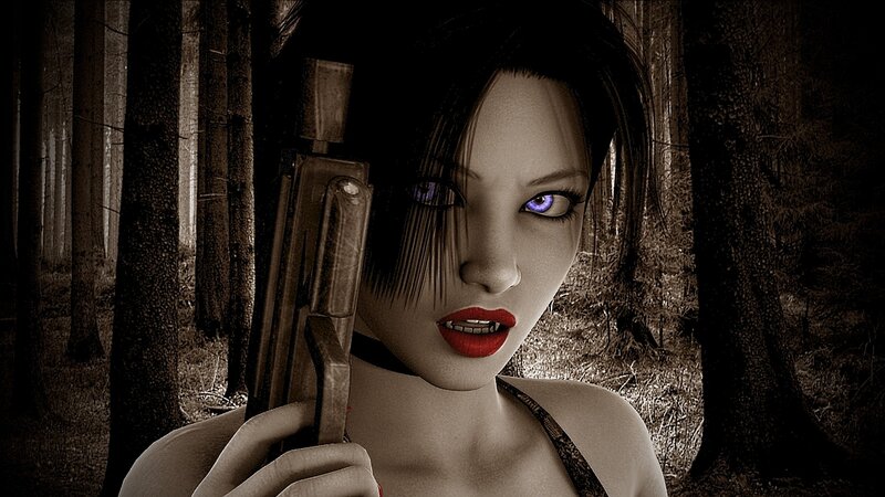 woman holding gun in forest