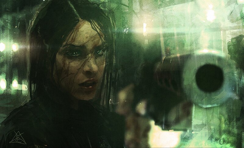 woman holding gun in green light