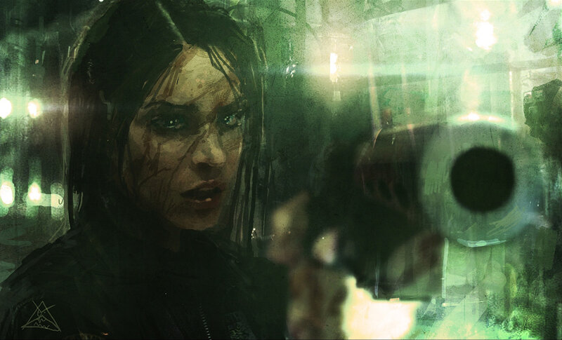 woman holding gun in green light