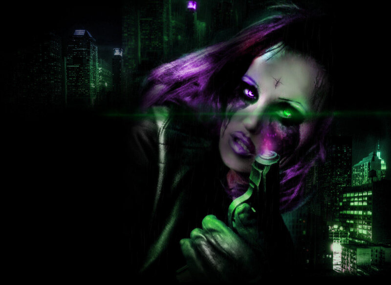 Woman Holding Gun — Purple, Dark, Dramatic
