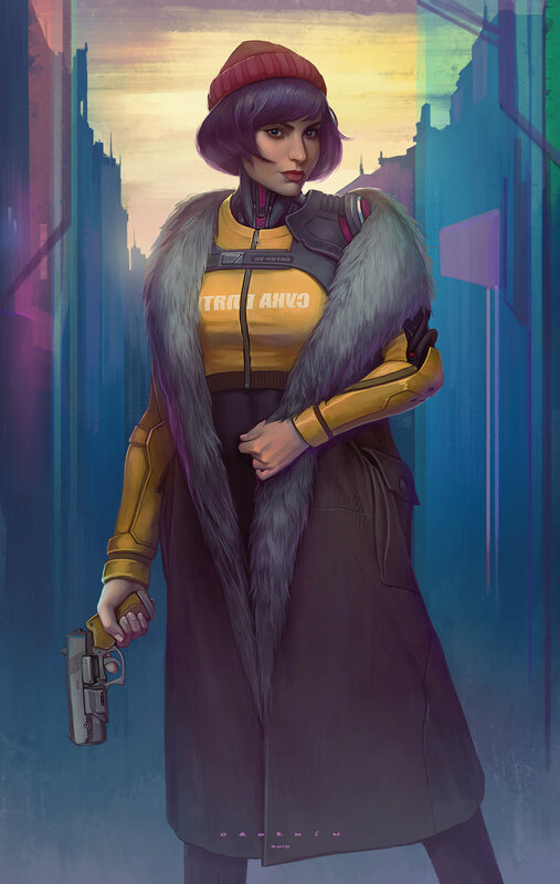 Woman Holding Gun — Purple, Dramatic, Sunset