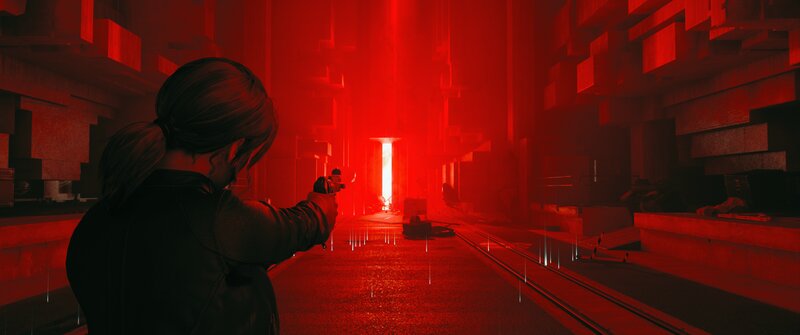 Woman Holding Gun — Red, Tense, Dramatic