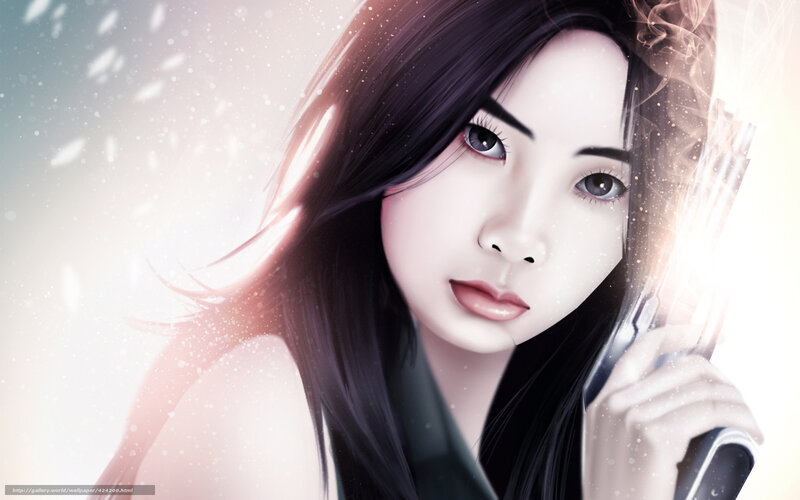 Woman Holding Gun — White, Dramatic, Digital Art
