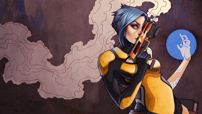 Woman Holding Gun — Yellow, Dramatic, Digital Art