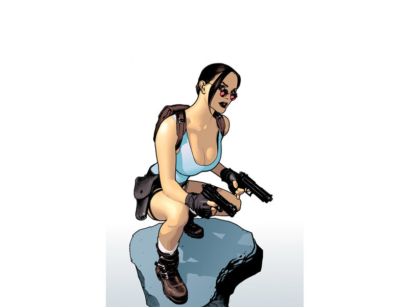 Woman Holding Guns — Blue, Alert