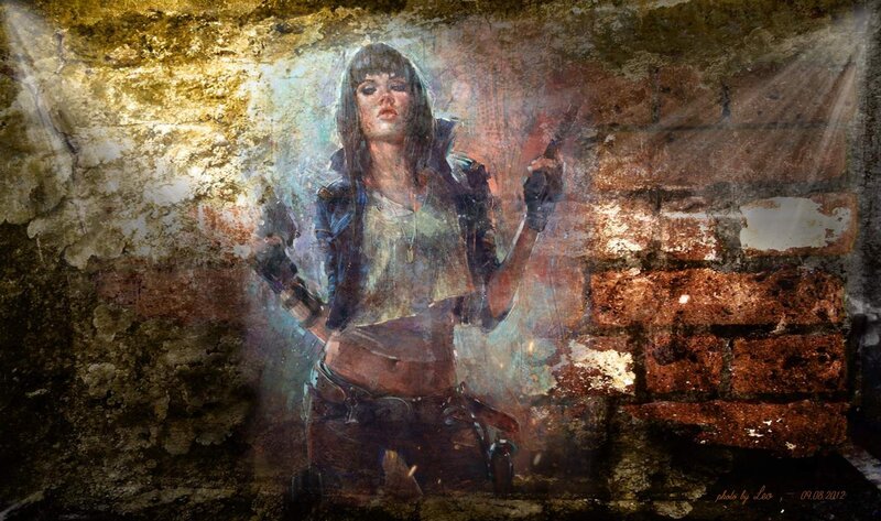 Woman Holding Guns — Brown, Dramatic, Digital Art