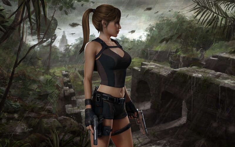 Woman Holding Guns — Green, Dramatic, Digital Art, Jungle