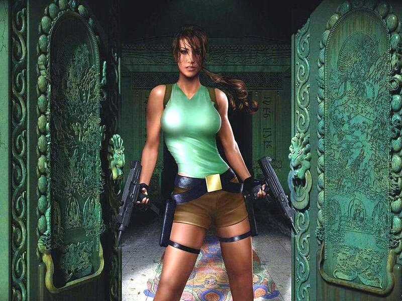 Woman Holding Guns — Green, Dramatic