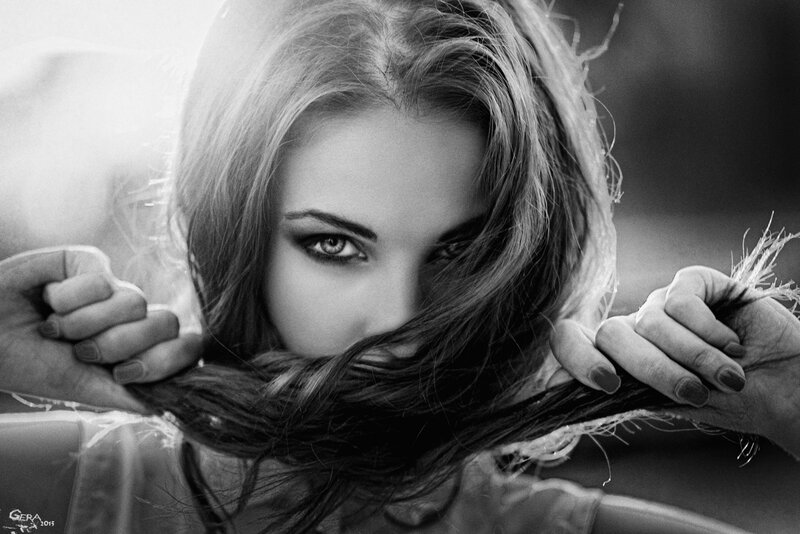 Woman Holding Hair — Black, Dramatic