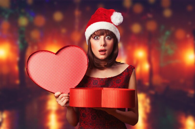 Woman Holding Heart Box — Red, Festive