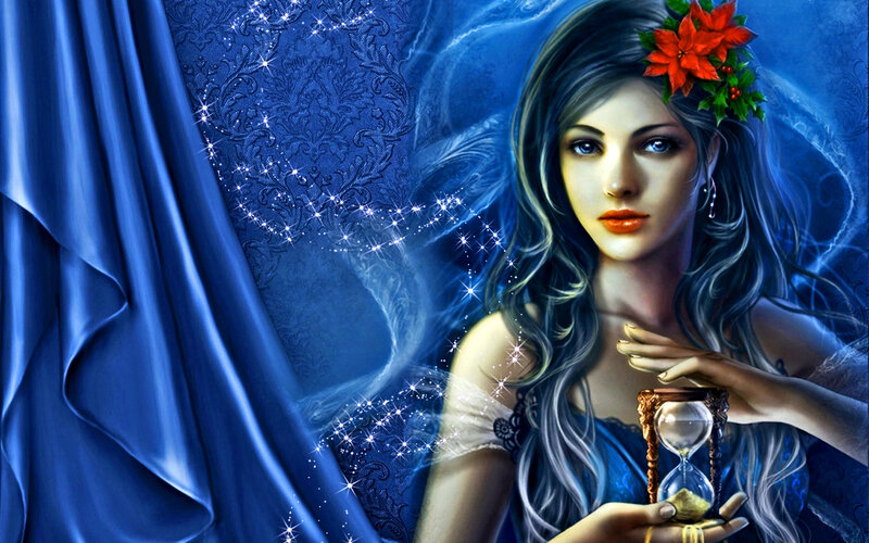 Woman Holding Hourglass — Blue, Dramatic