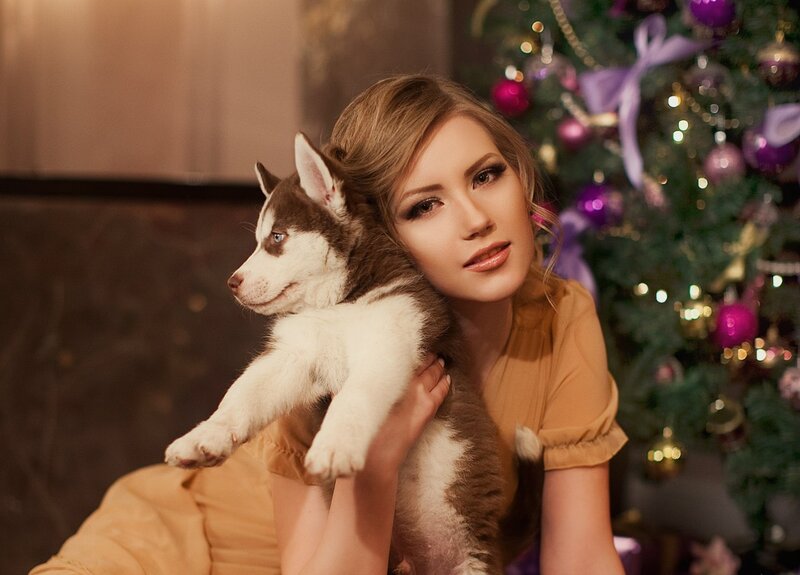 Woman Holding Husky Puppy