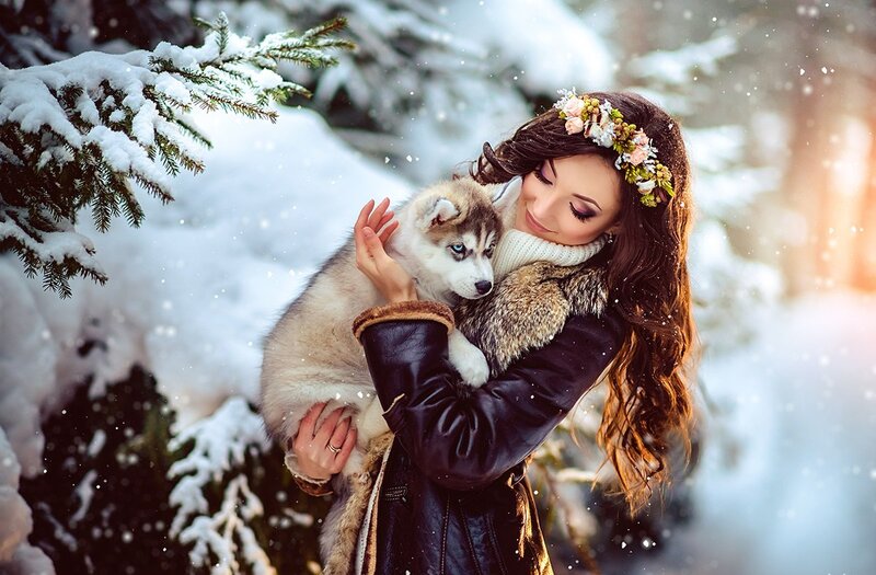 Woman Holding Husky Puppy — White